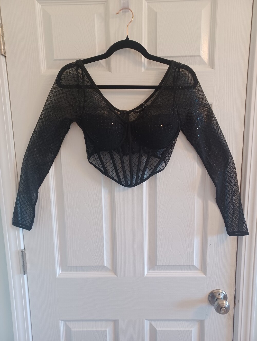 Sincerely Jules Black Sequin Diamond Mesh Corset Crop Top Sexy Padded Cups